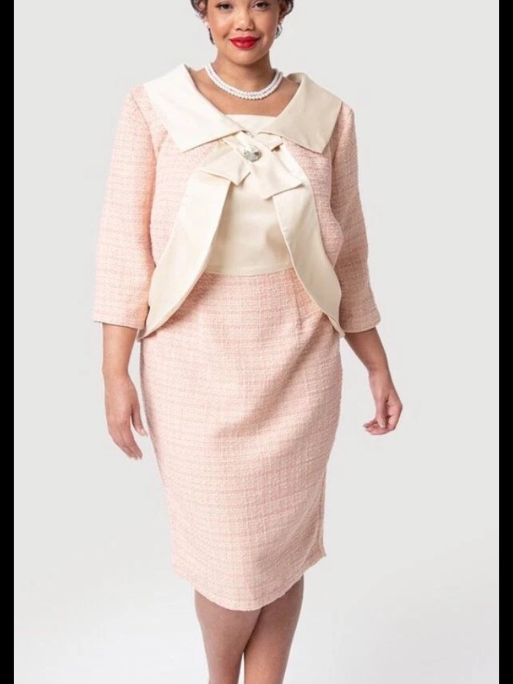 Barbie x Unique Vintage Dress Pink Tweed with Cream Satin Accents Size 2X/18